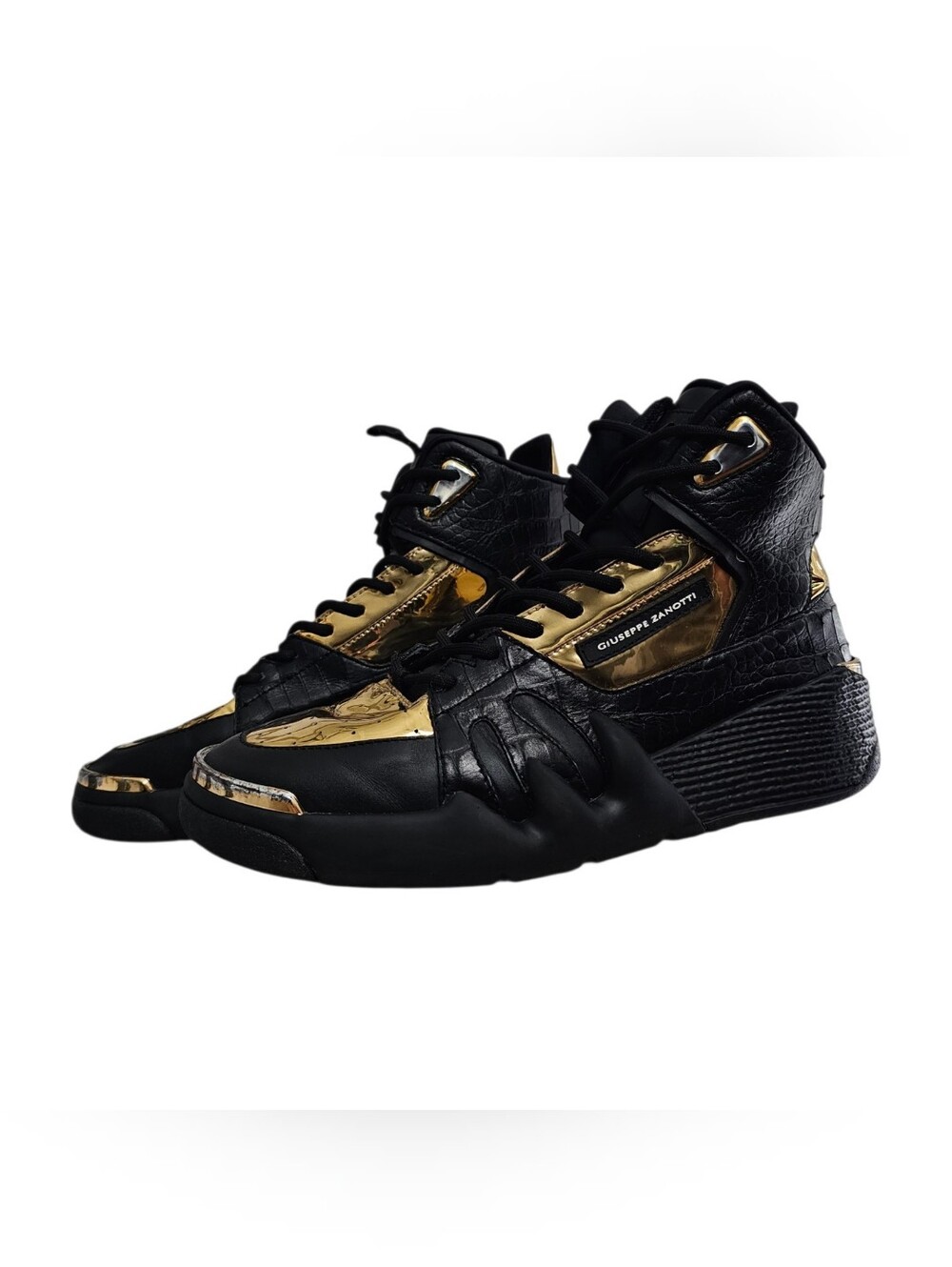 Giuseppe Zanotti High Top Sneakers Black Gold Leather Croc Embossed Italian